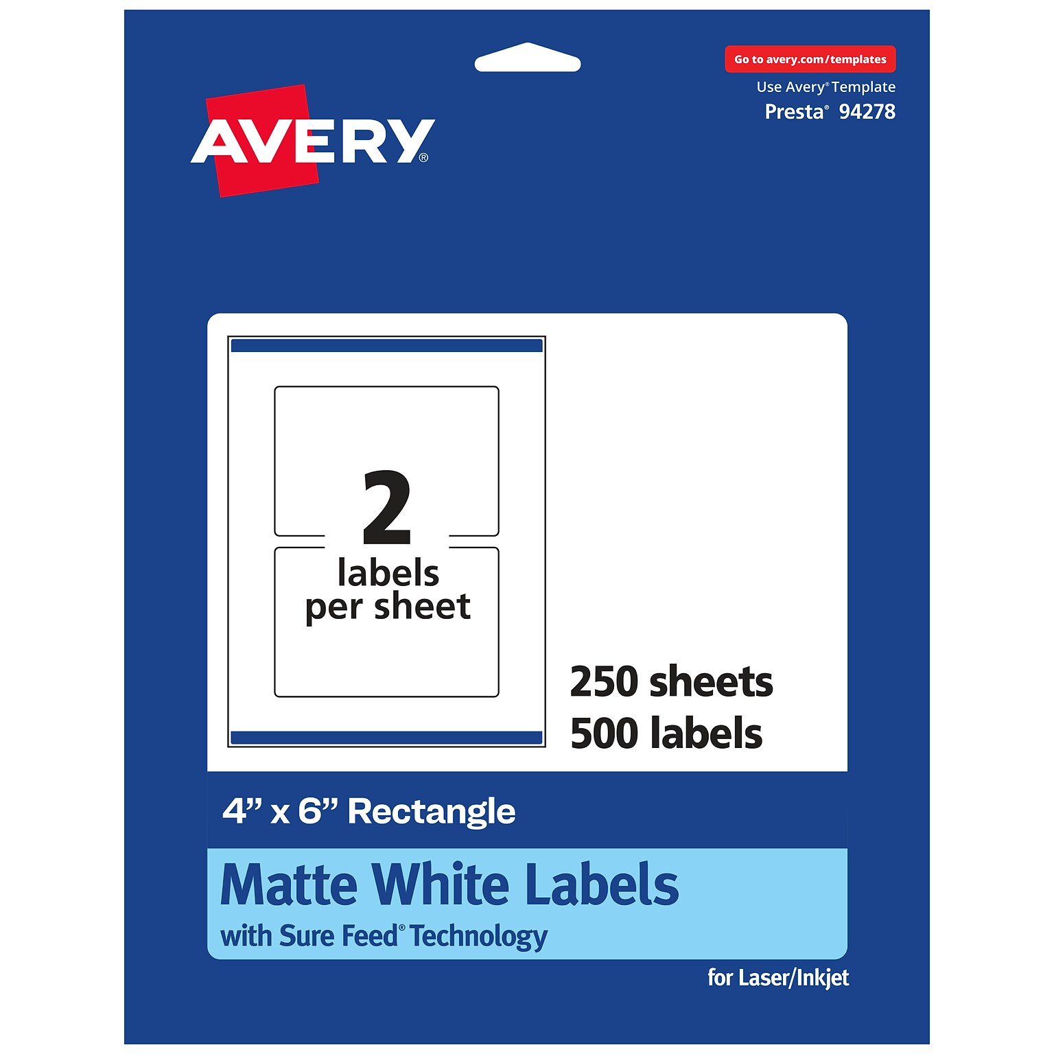 Avery Laser/Inkjet Rectangle Multipurpose Labels, 4 x 6, White, 500 Labels/Box (94278)