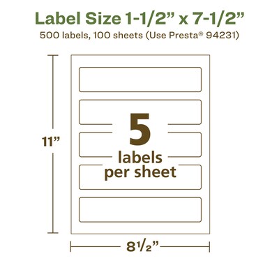 Avery EcoFriendly Laser/Inkjet Rectangle Multipurpose Labels, 1-1/2" x 7-1/2", White, 500/Box (94231)