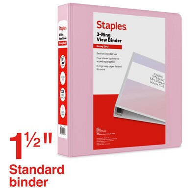 Staples Heavy Duty 1 1/2 3-Ring View Binder, D-Ring, Light Pink (ST63092)