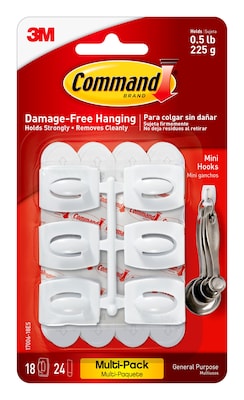 Command Mini Hooks, 0.5 lb., White, 18/Pack (17006-18ES)