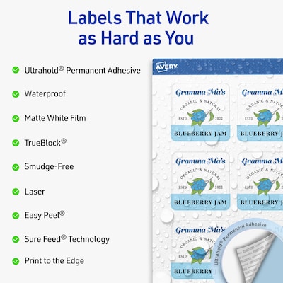 Avery Waterproof Square Laser Multipurpose Labels, 2-1/8 x 2-1/8, White, 300/Pack (19479399477)