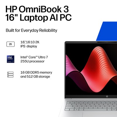 HP OmniBook 3 16 Laptop AI PC, Intel Core Ultra 7 255U, 16GB RAM, 512GB SSD, Windows 11 Home