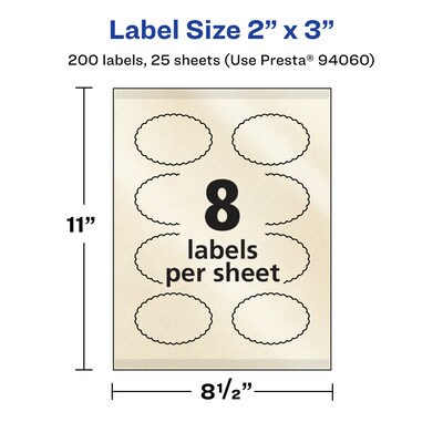 Avery Pearlized Ivory Decorative Edge Multipurpose Labels, 2" x 3", Ivory, 200/Pack (94060)
