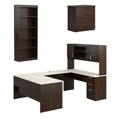 Bestar Ridgeley U Shaped Desk with Hutch, File Cabinet, and Bookcase, White Chocolate (52850-31)