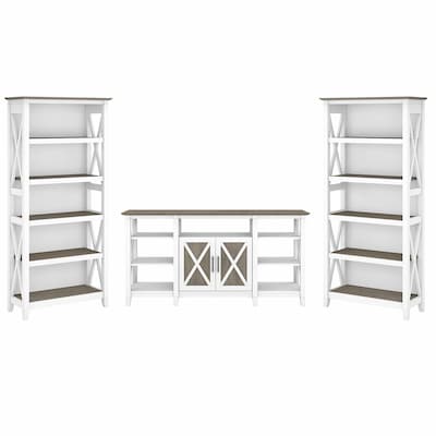 Bush Furniture Key West Tall TV Stand with Set of Two Bookcases, Shiplap Gray/Pure White, Screens up