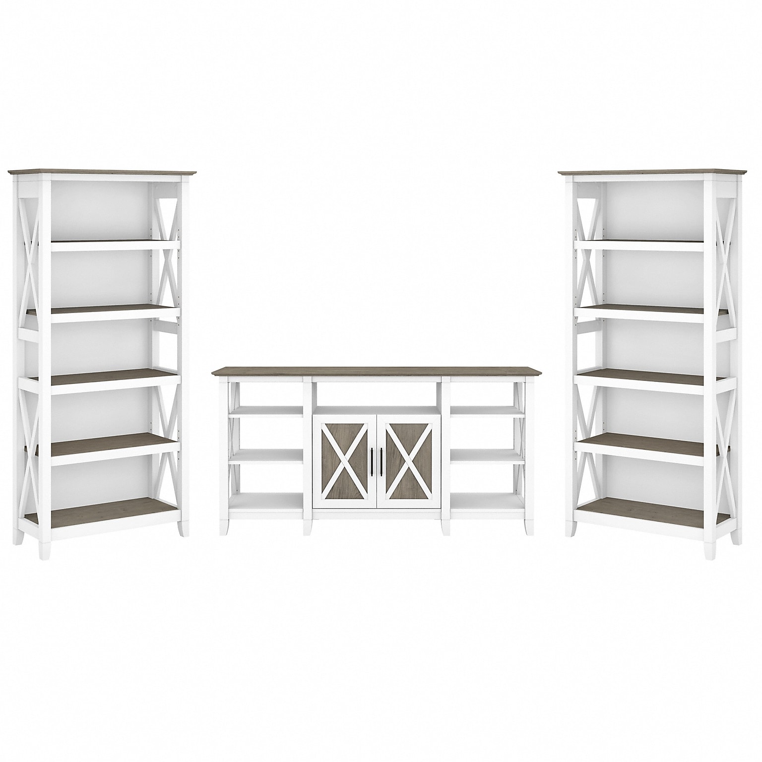 Bush Furniture Key West Tall TV Stand with Set of Two Bookcases, Shiplap Gray/Pure White, Screens up to 65 (KWS027G2W)