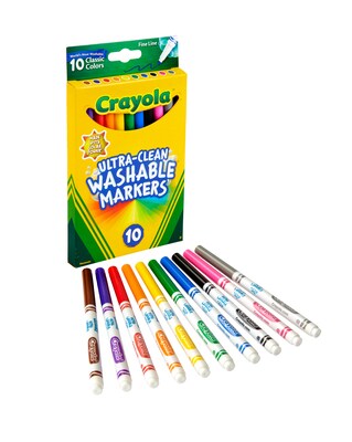 Crayola Ultra-Clean Washable Markers, Fine Line, Assorted Colors,  10/Box (58-7852)