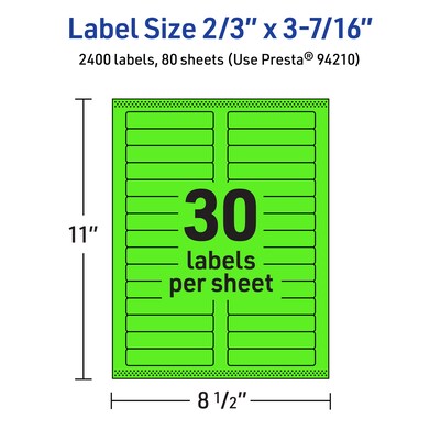 Avery Laser/Inkjet Multipurpose Rectangle Labels, 2/3" x 3-7/16", Neon Green, 2400/Box (94210)