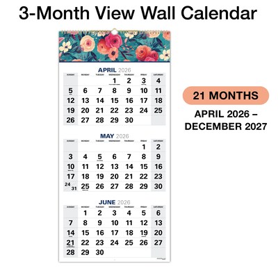 2026-2027 Excello Brands Large Print 13" x 27" Academic Monthly Wall Calendar, Teal Floral (WC-AY26-1327-17)