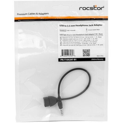 Rocstor USB-A to 3.5mm Audio Headphone Jack Adapter, Female to Male, Black (Y10A297-B1)