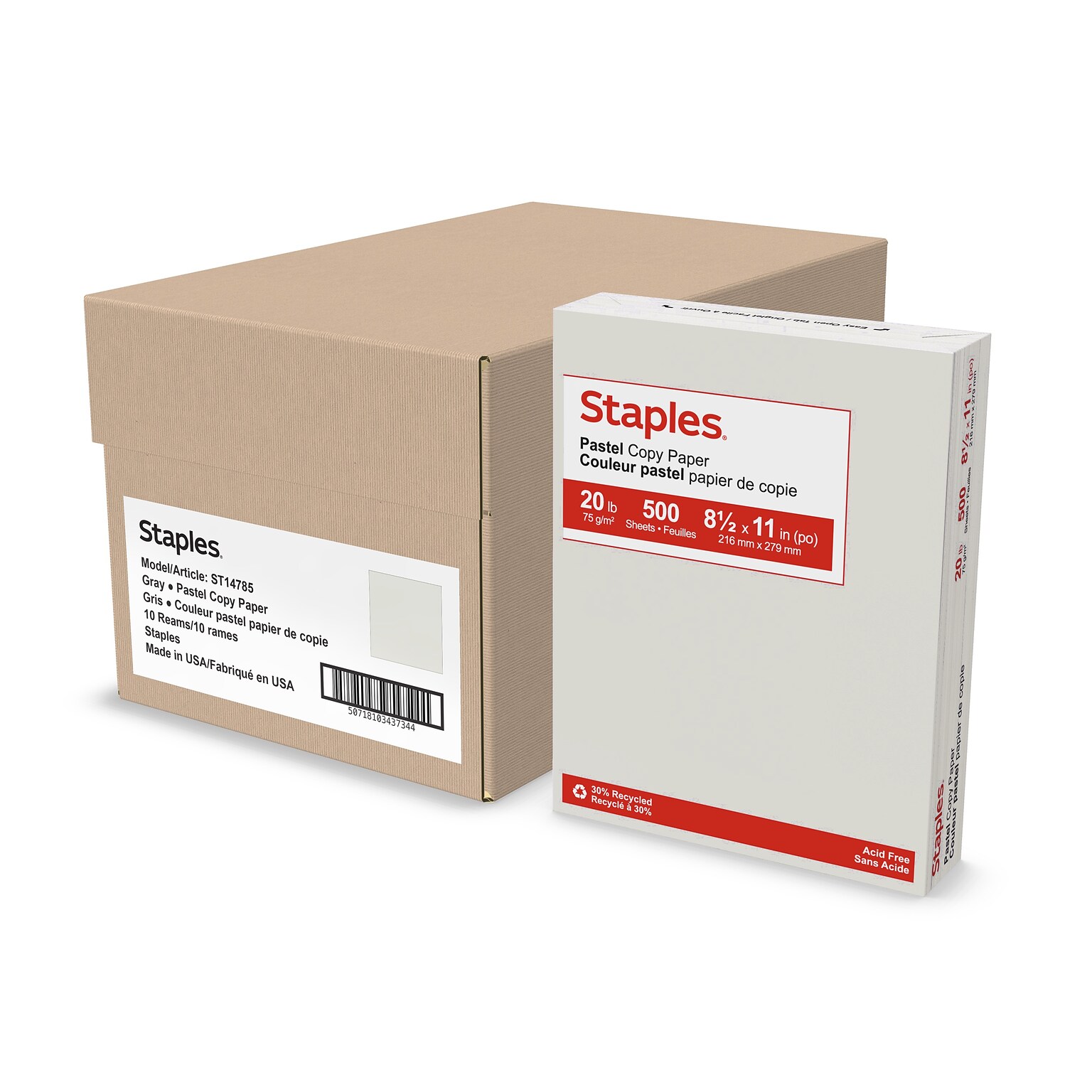 Staples Pastel 30% Recycled Color Copy Paper, 20 lbs., 8.5 x 11, Gray, 500 Sheets/Ream, 10 Reams/Carton (073050CT)