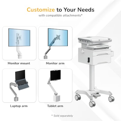 Mount-It! MedHub Height-Adjustable Medical Cart with 2 Lockable Drawers, Power Strip and Locking Casters, White/Grey (MI-16037)