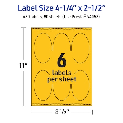 Avery Oval Laser/Inkjet Multipurpose Labels, 4.25" x 2.5", Bright Yellow (480/Box)