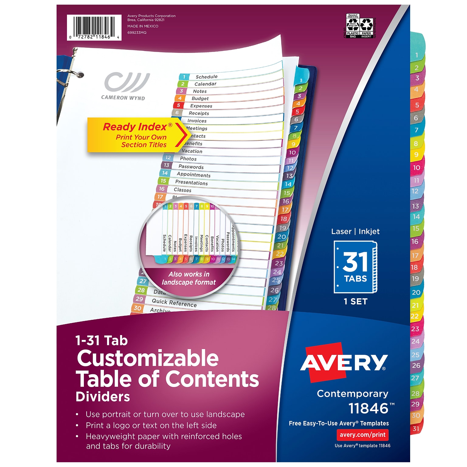 Avery Ready Index Table of Contents Paper Dividers, 1-31 Tabs, Contemporary Multicolor (11846)