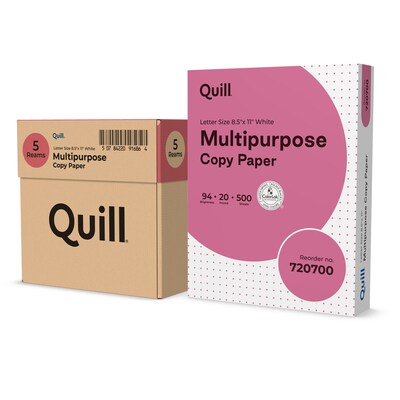 Quill Brand® 8.5" x 11" Multipurpose Copy Paper, 20 lbs., 94 Brightness, 500 Sheets/Ream, 5 Reams/Carton (520555)