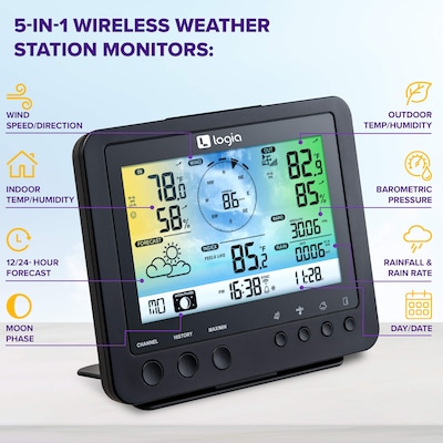 Logia 5-in-1 WiFi Weather Station w/Forecast Data, Alarm, and More, Indoor/Outdoor Weather Station (LOWSC510WB)