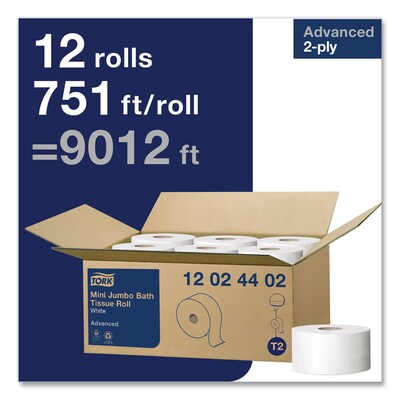 Tork Advanced Mini Jumbo Roll Bath Tissue, Septic Safe, 2-Ply, White, 3.48" x 751 ft, 12 Rolls/Carton (TRK12024402)