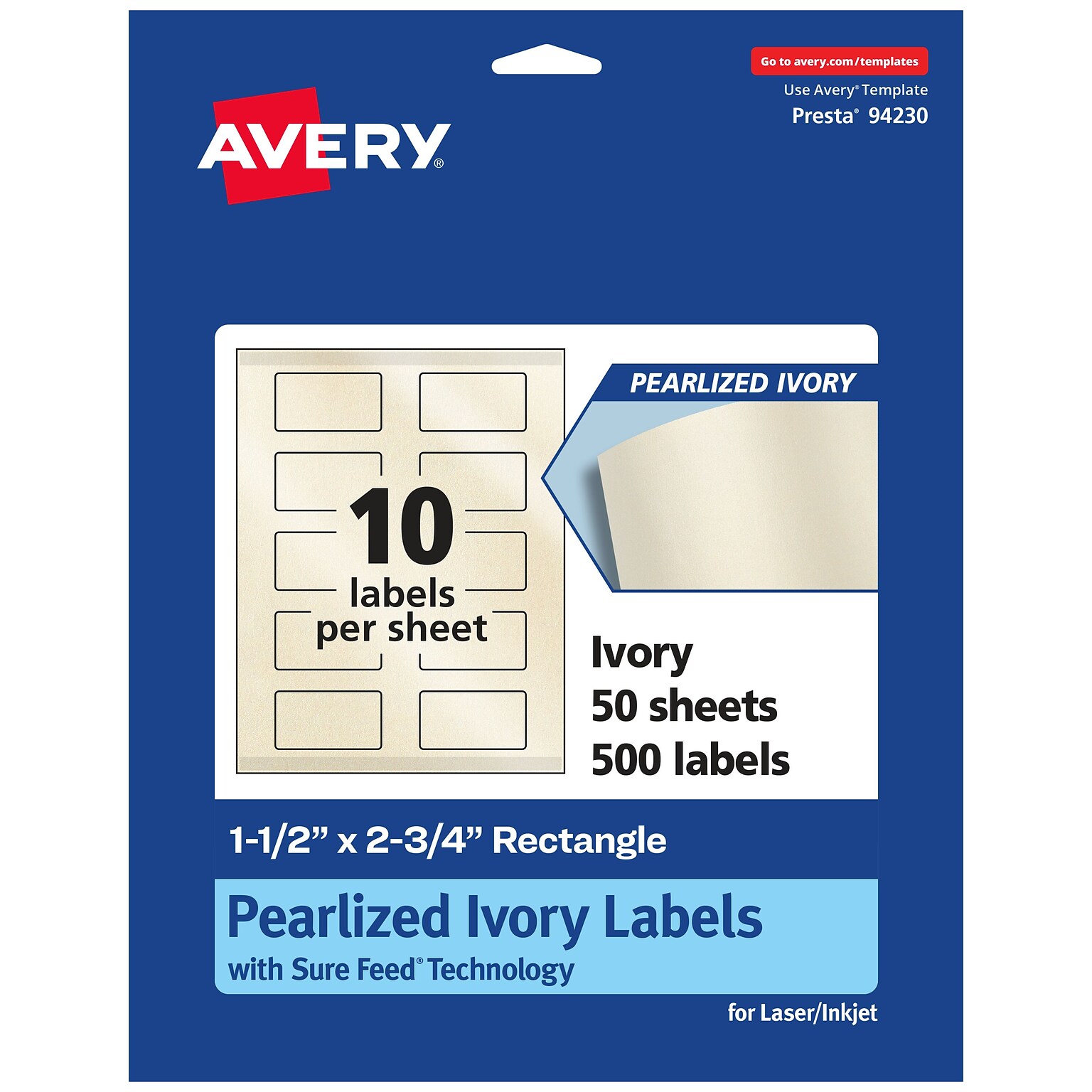 Avery Laser/Inkjet Rectangle Pearlized Labels, 1.5 x 2.75, Ivory, 500 Labels/Box (94230)