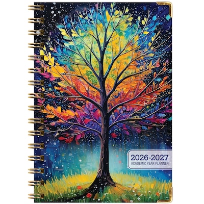 2026-2027 Excello Brands 8" x 5.5" Academic Weekly & Monthly Planner, Paperboard Cover, Black Tree Seasons (FSHN-AY26-58-32)