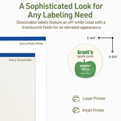 Avery Dissolvable Circle Multipurpose Labels, 2.75" Dia., Off-white, 150/Pack (94512)