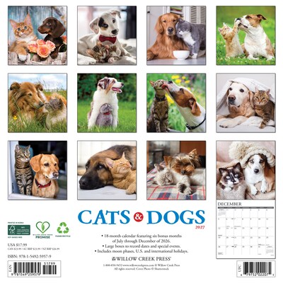 2027 Willow Creek Cats & Dogs 12 x 12 Monthly Wall Calendar, Assorted Colors (59579)