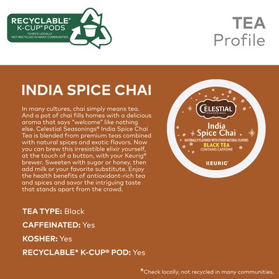 Celestial Seasonings India Spice Chai Herbal Tea, Keurig® K-Cup® Pods, 96/Carton (14738)
