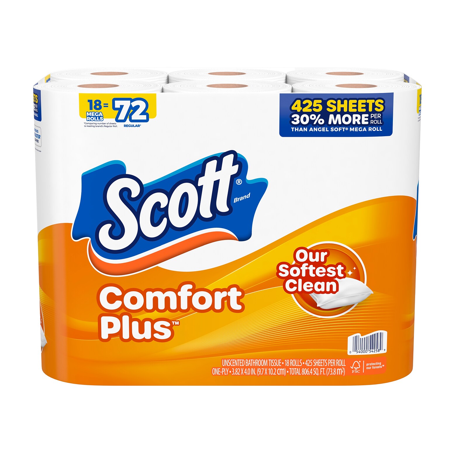 Scott Comfort Plus Toilet Paper, 1-Ply, White, 462 Sheets/Roll, 18 Mega Rolls/Pack (49729)