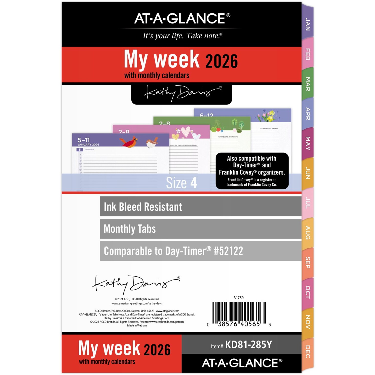 2026 AT-A-GLANCE Kathy Davis 8.5 x 5.5 Weekly & Monthly Planner Refill Pages, Multicolor (KD81-285Y-26)