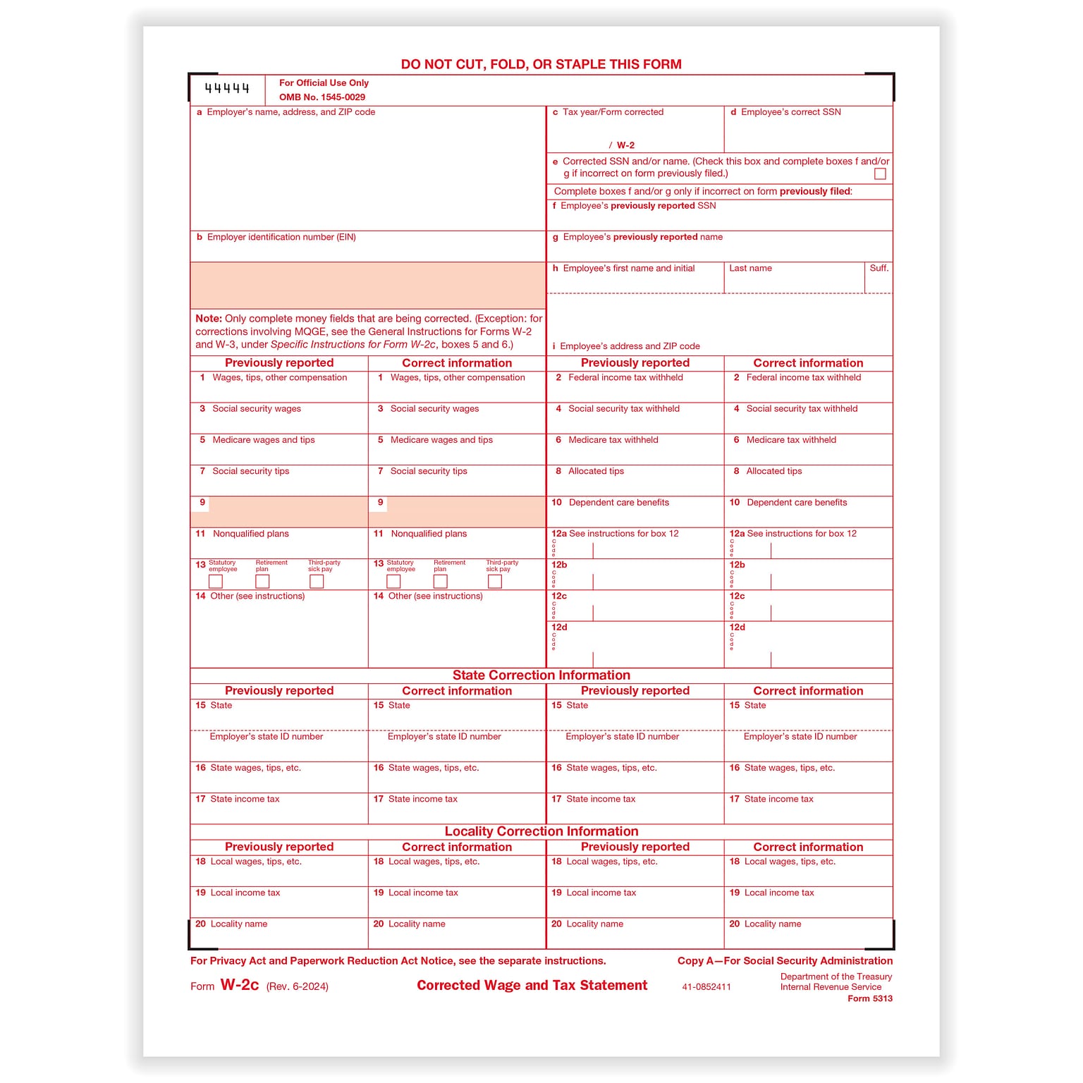 ComplyRight 2025 W-2C Tax Form, 1-Part, Federal Copy A, 50/Pack (531350)