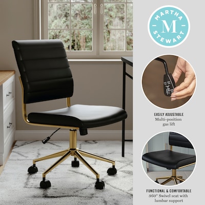 Martha Stewart Ivy Armless Faux Leather Swivel Office Chair, Black/Polished Brass (CH2209211BKGLD)