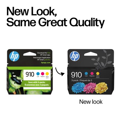 HP 910 Cyan/Magenta/Yellow Standard Yield Ink Cartridge, 3/Pack (3YN97AN#140)
