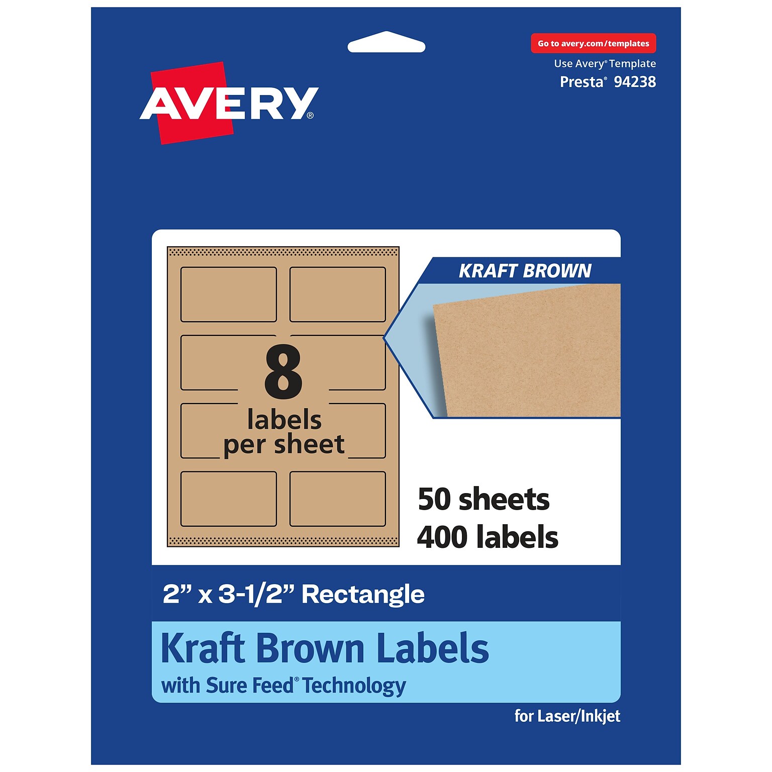 Avery Laser/Inkjet Rectangle Labels, 2 x 3.5, Kraft Brown, 400 Labels/Box (94238)