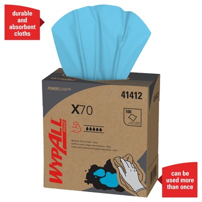 WypAll PowerClean X70 Cloths, 8.34" x 16.8", Blue, 100 Sheets/Box, 10 Boxes/Carton (41412)