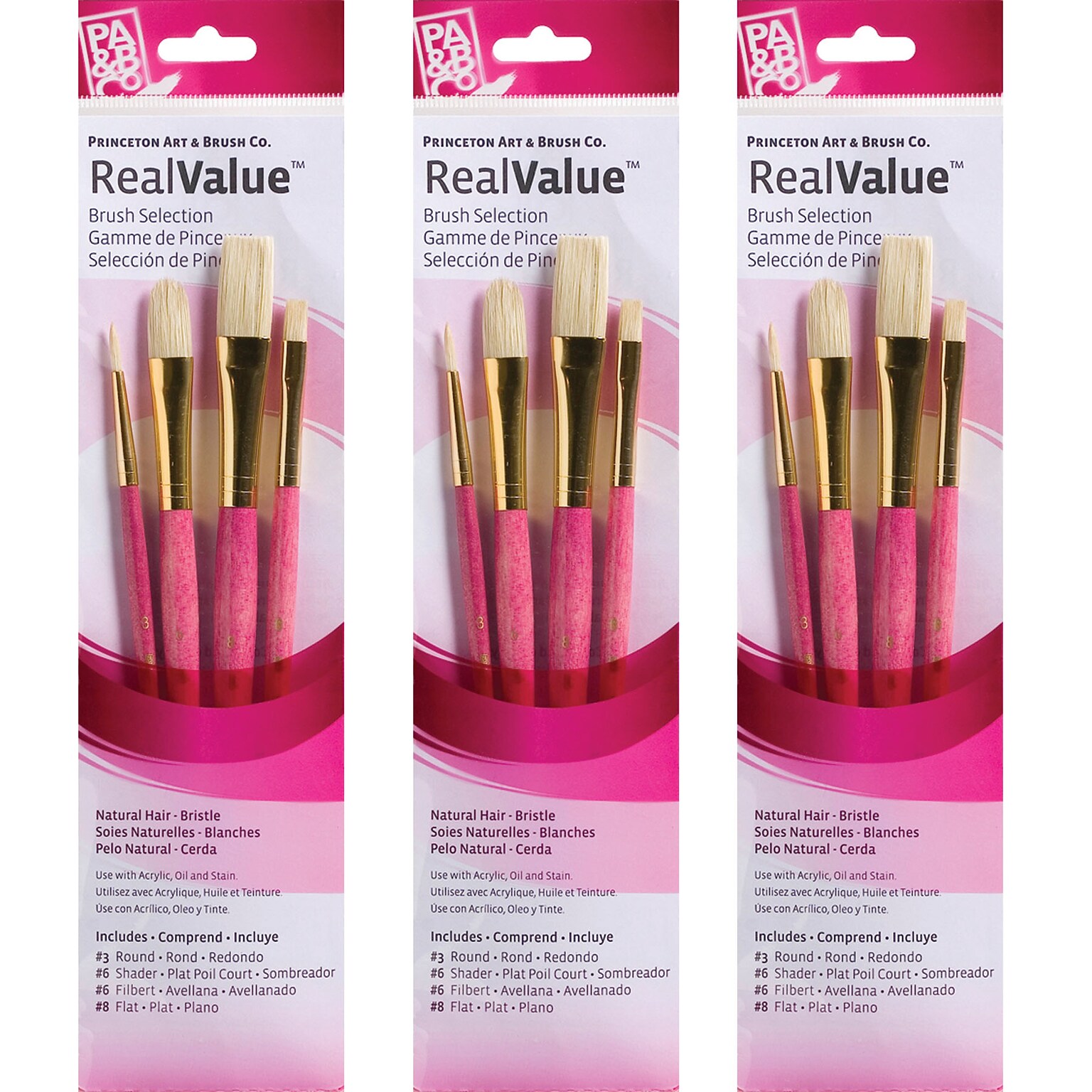 Princeton RealValue Mixed Media Natural Variety Brush Set, Assorted, Pink, 4 Per Set, 3 Sets (PBXPR9183-3)