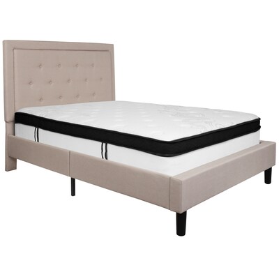 Flash Furniture Roxbury Tufted Upholstered Platform Bed in Beige Fabric with Memory Foam Mattress, F