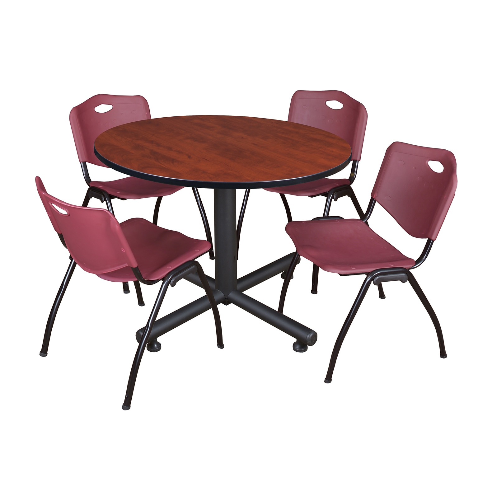 Regency 48 Round Table with 4 M Stacker Chairs, Burgundy with Cherry and Kobe Base (TKB48RNDCH47BY)