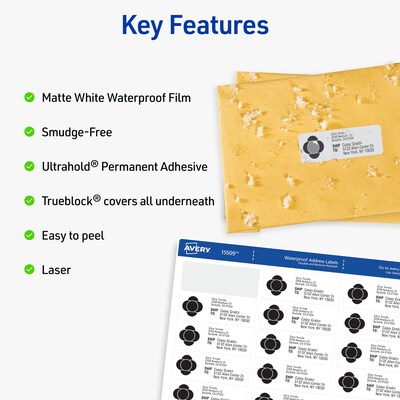 Avery Waterproof Film Laser Address Labels, 1" x 2-5/8", White, 300 Labels/Pack (15509)