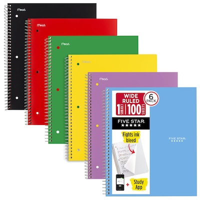 Five Star Spiral Notebook Plus Study App, 1 Subject, Wide Ruled, 8 x 10.5, 6 Pack, Assorted Colors