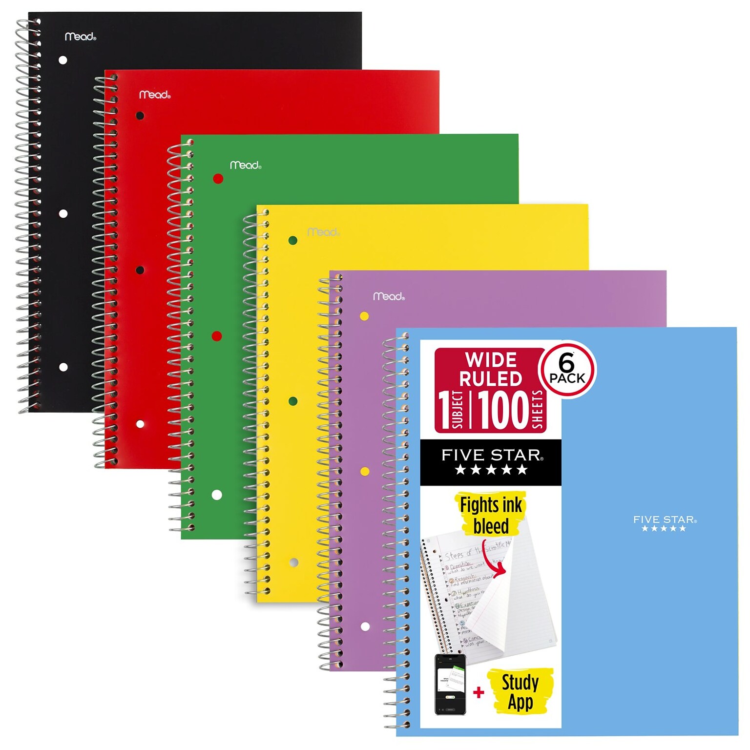 Five Star Spiral Notebook Plus Study App, 1 Subject, Wide Ruled, 8 x 10.5, 6 Pack, Assorted Colors
