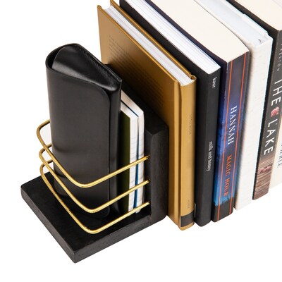 Mind Reader Wood Decorative Basket Book Ends, 5", Black/Gold (BOOKBASK2-BLK)