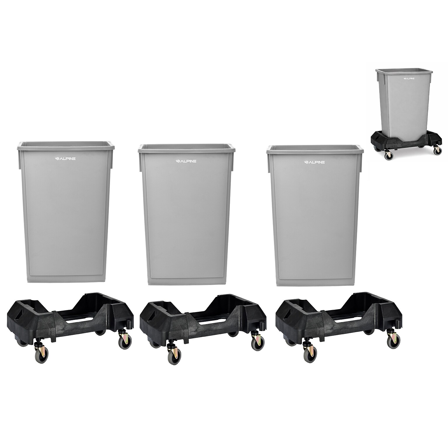 Alpine Industries Plastic Trash Can with Dolly, 23-Gallon, Gray, 3/Pack (ALP477-GRY-3PKD)
