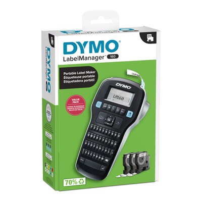 DYMO LabelManager 160, Portable Label Maker Bundle, QWERTY Keyboard, Large Display, Includes 3 D1 Cassettes (2175084)