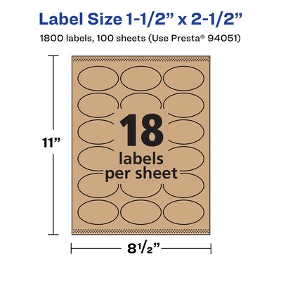 Avery Laser/Inkjet Oval Multipurpose Labels, 1.5" x 2.5", Kraft Brown, 1800 Labels/Box ( 94051)
