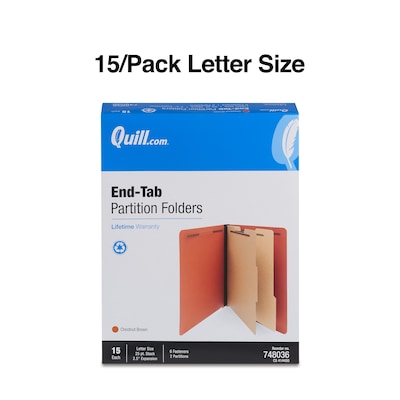 Quill Brand® End-Tab Partition Folders, 2 Partitions, 6 Fasteners, Chestnut Brown, Letter, 15/Box (748036)