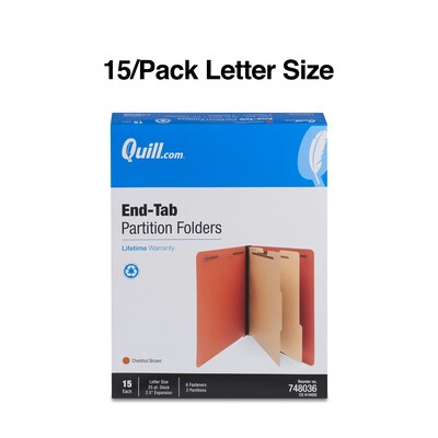 Quill Brand® End-Tab Partition Folders, 2 Partitions, 6 Fasteners, Chestnut Brown, Letter, 15/Box (748036)