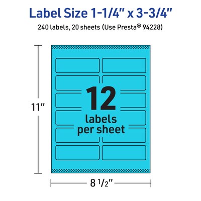 Avery Printable Rectangle Multipurpose Labels, 1.25" x 3.75", Bright Blue, 240/Pack (94228)