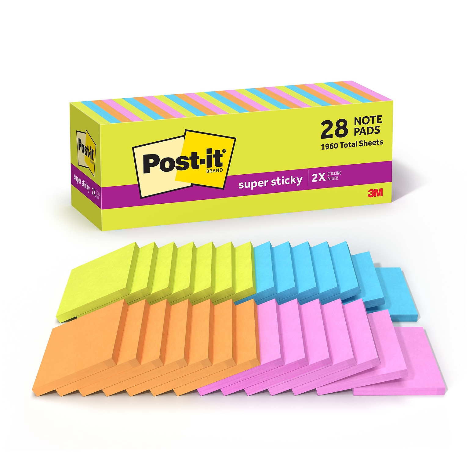 Post-it Super Sticky Notes, 3 x 3, Assorted Brights Collection, 70 Sheet/Pad, 28 Pads/Pack (654-28SSBRT-CP)