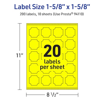 Avery Square Scalloped Laser/Inkjet Multipurpose Labels, 1-5/8" x 1-5/8", Neon Yellow (200/Pack)