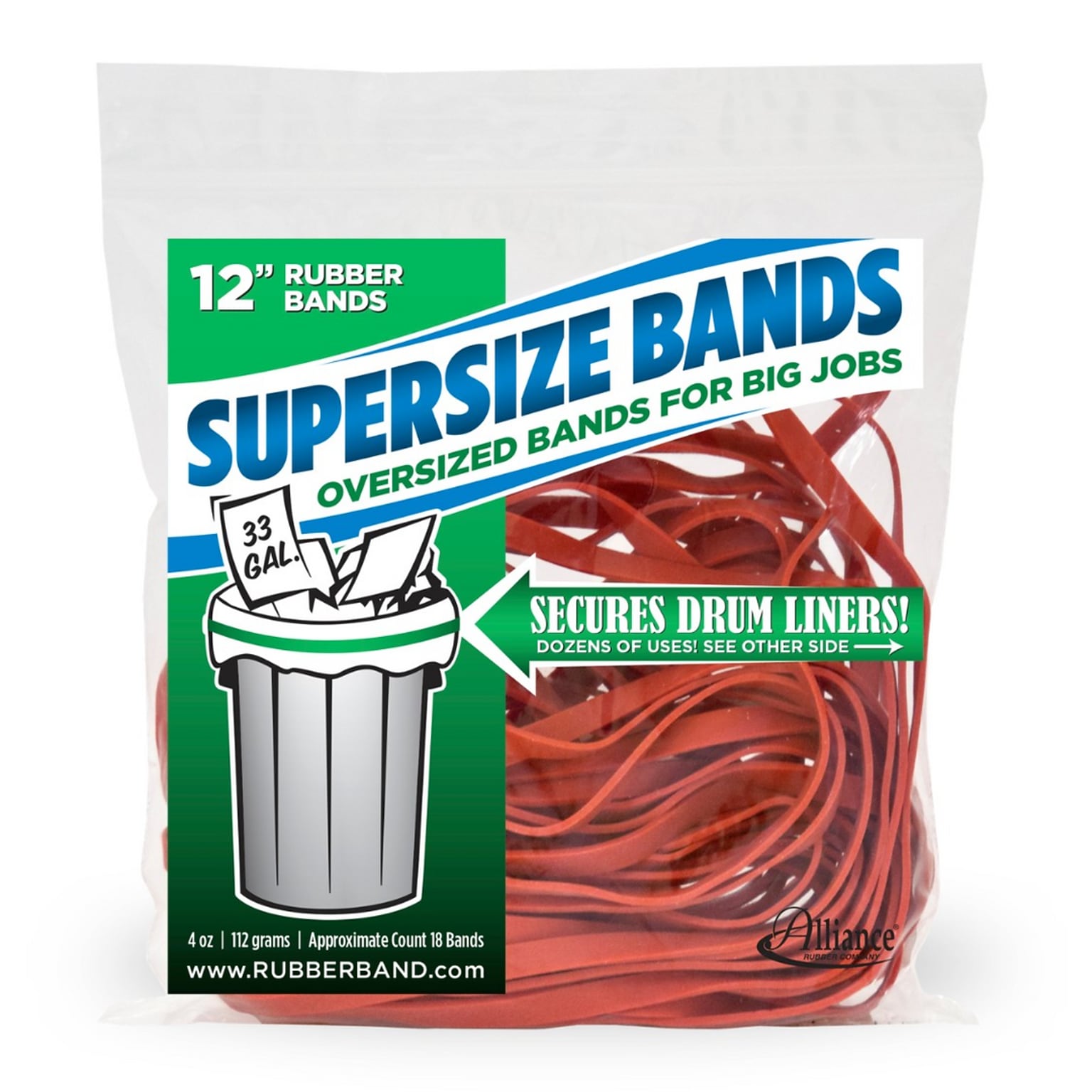 Alliance SuperSize Oversized Rubber Bands, 12 x 1/4, Red, 18/Pack (08994)