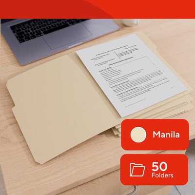 Staples File Folders, Letter Size, 1/3-Cut Tabs, Assorted Positions, Manila, Durable Paper Stock, 50/Pack